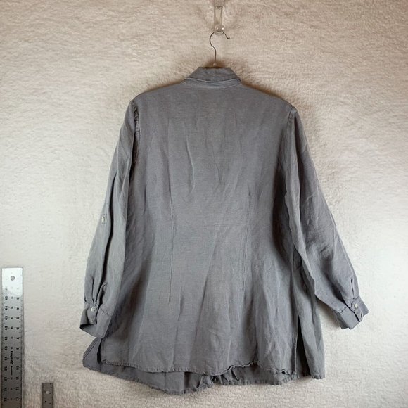 Soft Surroundings Tunic Top Women Large Gray Roll Tab Sleeve Ruffle Neck 7777 - Picture 5 of 6